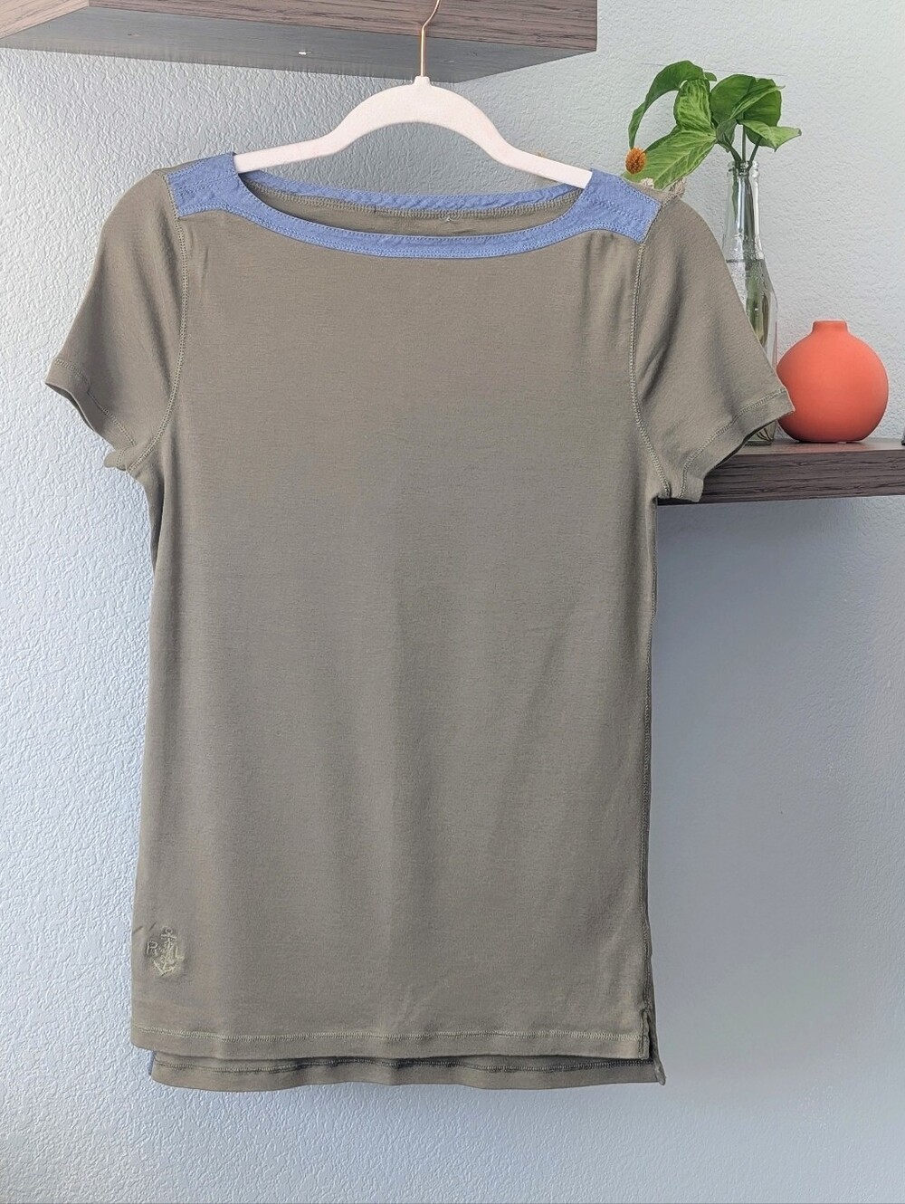 Ralph Lauren Olive Green Short Sleeve Top with Chambray Blue Boat Neck